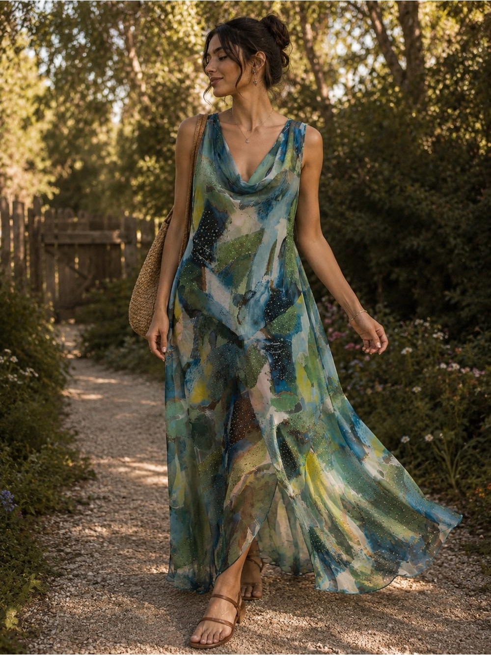 Whimsy Fair Midi Dress Sheer Beaded Green Blue Sz Large Ethereal Floaty Mermaid
